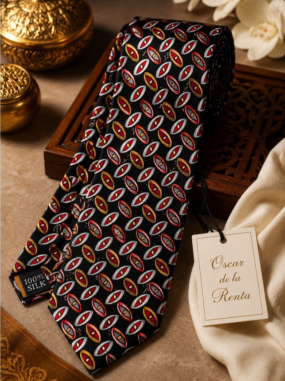 Oscar de la Renta 100% Silk Geometric Abstract Necktie Black Red Gold White